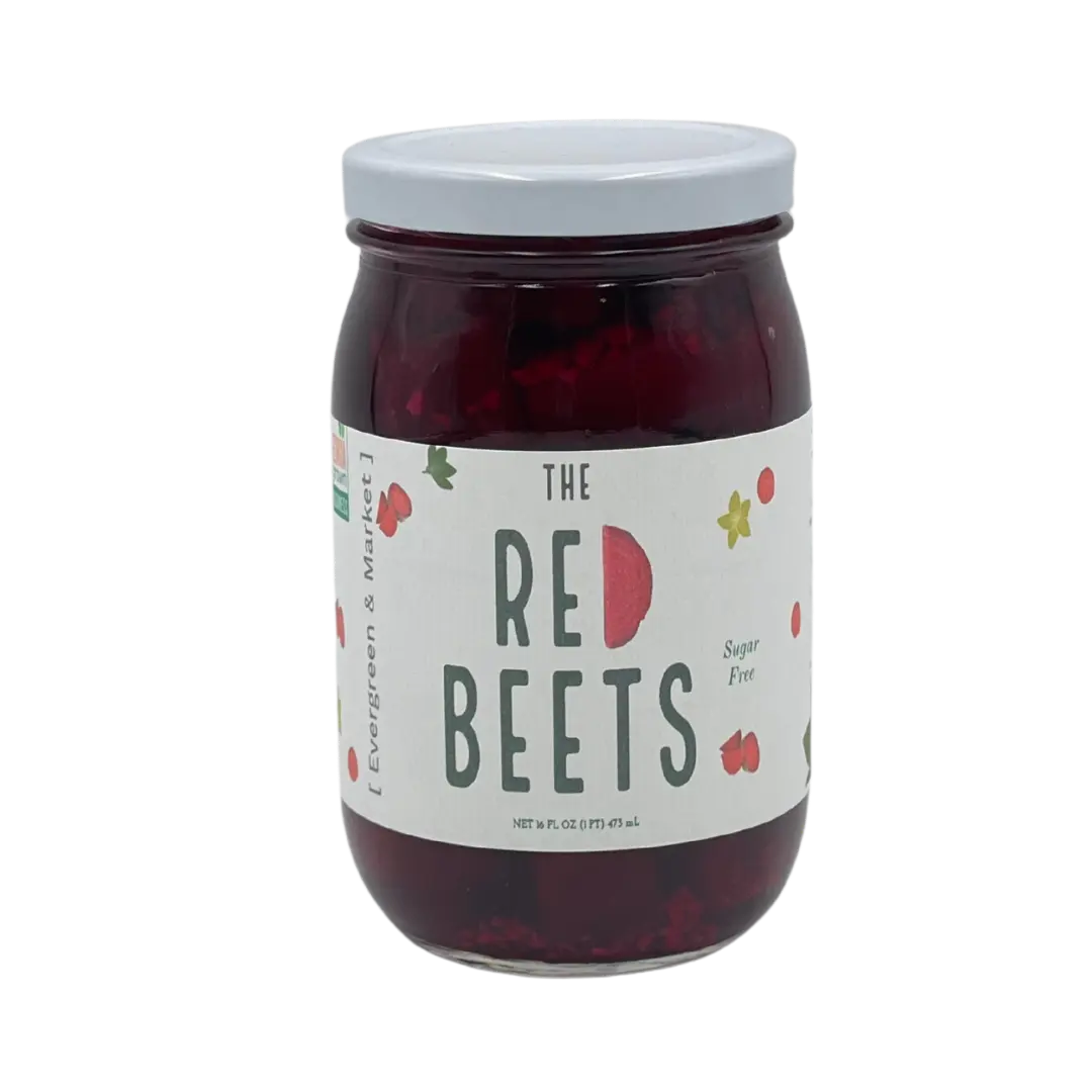 Evergreen & Market Refrigerated Pickled Red Beets - Sugar-Free, Fat-Free Pickled Veggie in Vinegar Brine with Garlic - Crisp, Tangy Southern Flavor - 17 oz Glass Jar with Resealable Lid - Ideal for Cocktails, Salads
