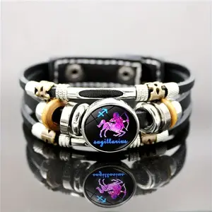 1pc 12 Zodiac Luminous Leather Bracelet, Men Women Cool Multilayer Beaded Bracelet, Creative Hand Jewelry Party Birthday Favors