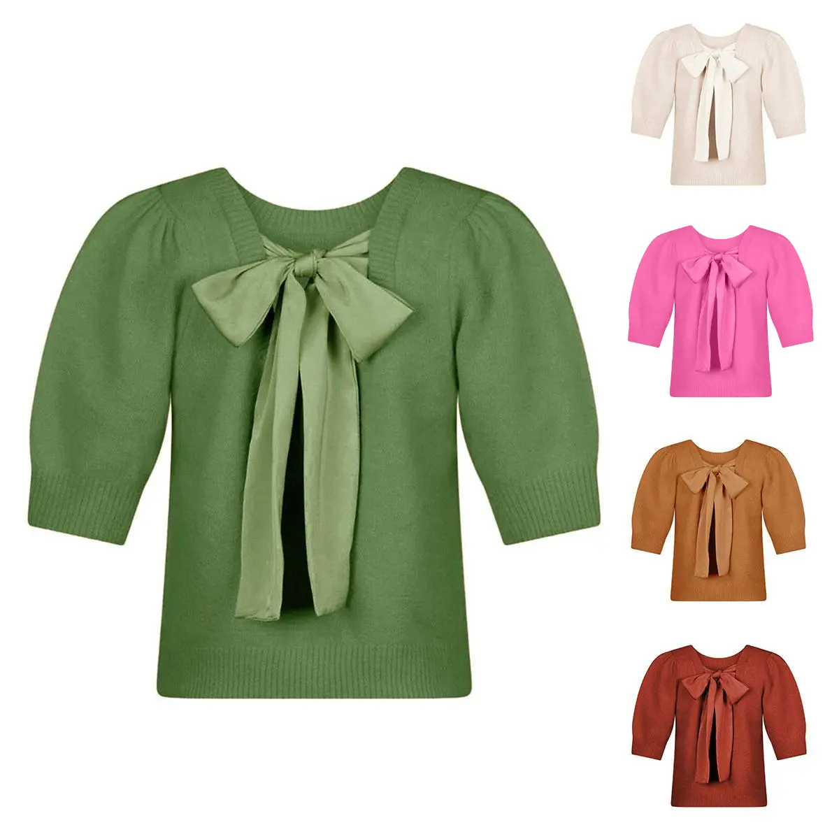 SCUSTY Bow Sweater Women Casual Puff Short Sleeve Crew Neck Tie Back Knit Pullover Tops