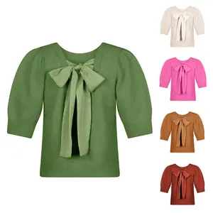 SCUSTY Bow Sweater Women Casual Puff Short Sleeve Crew Neck Tie Back Knit Pullover Tops