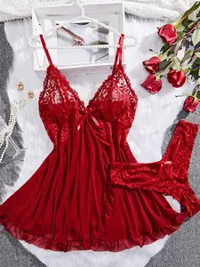 Christmas Two-Piece Sleepwear Set + Thong Panties, Fashionable Sexy Lace Temptation, Suitable for Young Women, Party Wear