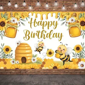1pc 2D Flat Bee Birthday Backdrop - Cute Bees & Blooming Wildflowers Photography Background, Vibrant Yellow & Green Decor, Polyester Banner Inch Birthdays, Graduations