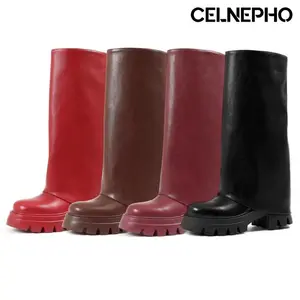 CELNEPHO Knee High Boots for Women Round Toe Chunky Platform Heel Fold Over Design Side Zipper Closure Easy Pull on Boot Gifts Party Fashion Casual Winter Warm Boots
