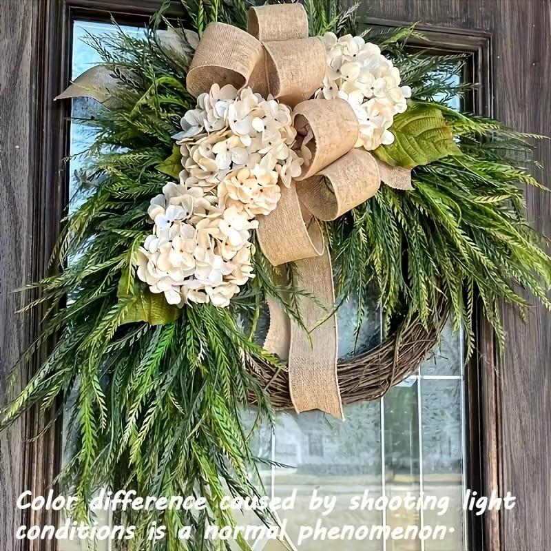 Rustic Bohemian Wreath (double-Sided Door Hanging) with Linen Bow & Greenery, Natural Farmhouse Style, Holiday Decorations