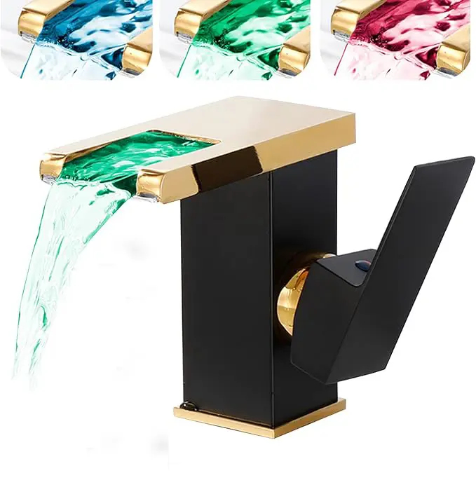 ATSHOWER Modern Unique LED Bathroom Sink Faucet, Black Gold Waterfall Single Hole Vanity 1 Handle Mixer Faucets for Sinks 1 Hole, 2 Mixing Hot and Cold Water Supply Lines, Side Handle, for Bathroom Basin Lavatory, Led Basin Faucet Bathroom Sink Taps, Mode