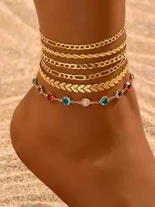 6 Pcs Women's Anklets Set, Elegant Colorful Zircon Snake Chain, Boho Style, Perfect for Daily Wear, Party, Gift, Travel