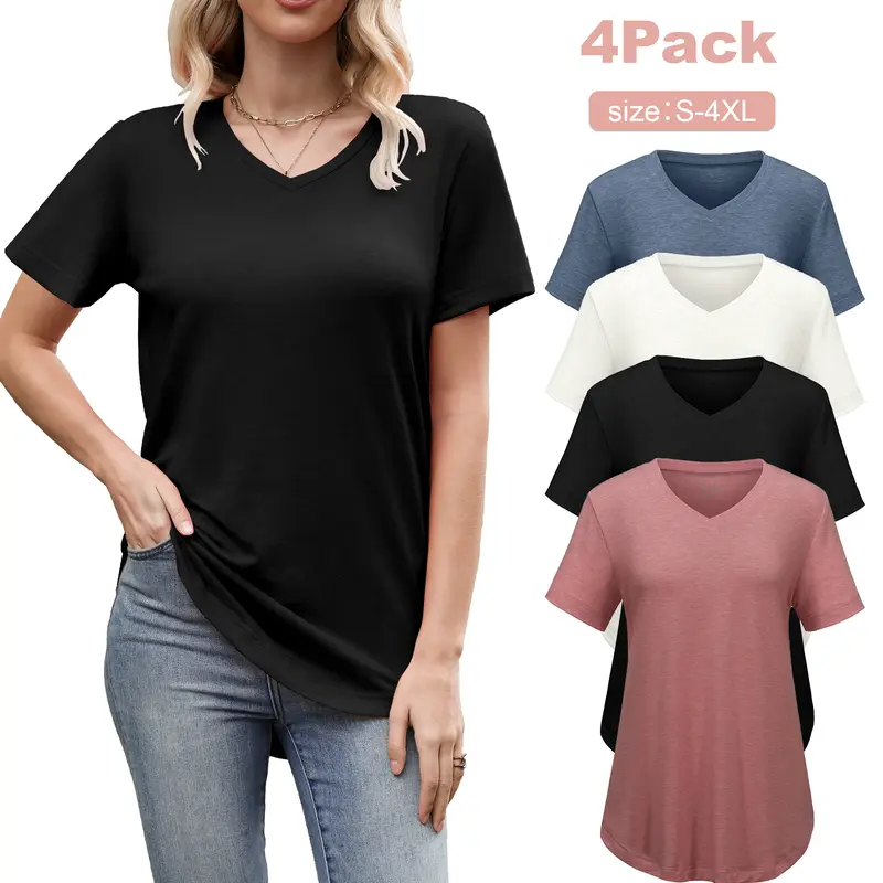 VILIGO Women's Fitted Rayon Clean Basics Short-Sleeve V-Neck Plain Top Set - 4 Assorted Colors, Curved Hem, All-Day Comfort, Summer Streetwear T-Shirts for Women