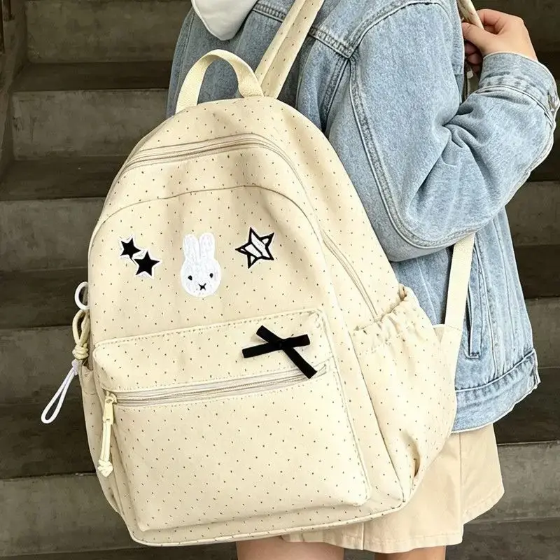 Miffy Kawaii Bunny Polka Dot Star Bow Embroidery Backpack Large Capacity Multi Pocket Daily School Travel Casual Backpack