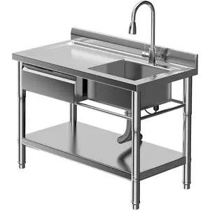 Stainless Steel Utility Sink, Single Bowl Kitchen Sink with Hot/Cold Water & Left Drawer for Laundry Room, Garage, Farmhouse