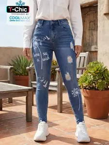 Women's Dandelion & Letter Print Ripped Skinny Jeans, Fashion Casual Streetwear Pocket Button Fly Denim Pants for Daily Outdoor Wear, Ladies Bottoms for All Seasons