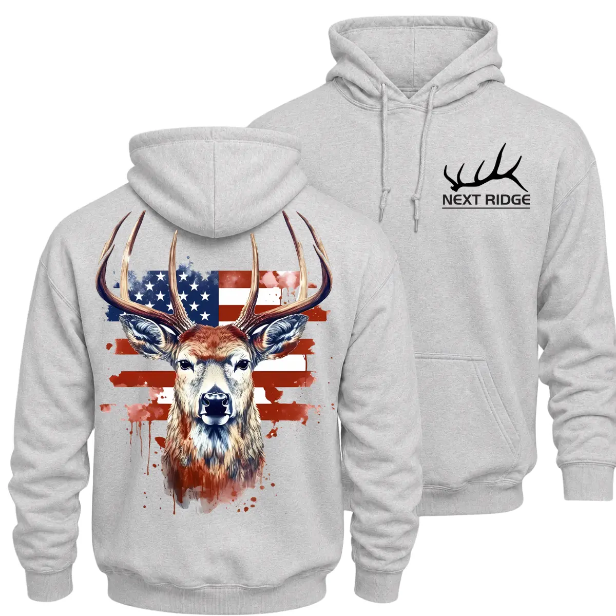 Deer Hunting Hoodie, American Flag Whitetail Buck Graphic Pullover, Front Chest Logo and Large Back Print Hunter Hoodie, Classic Outdoor Sportsman Apparel, Hunting Gift for Men and Women