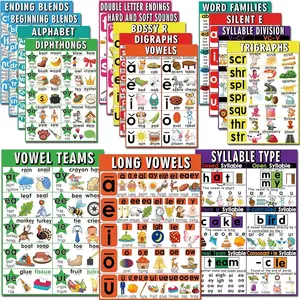 16 Pack English Phonics Posters Language Arts Charts for Kids Toddlers - Boho Phonics Learning Vowels Posters Digraphs Blends Sound Wall Chart for Classroom