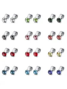 12 Pairs Unisex Colorful Stud Earrings Set, Stud Earring Jewelry, for Women Men Classic Stainless Steel Screw Back with Sparkling CZ Durable Hypoallergenic for Long-time Use Safe Screw Back Design Easy To Tighten Remove for Daily Wearing