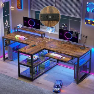 94.5 Inches T Shaped 2 Person Gaming Desk with Storage Brown