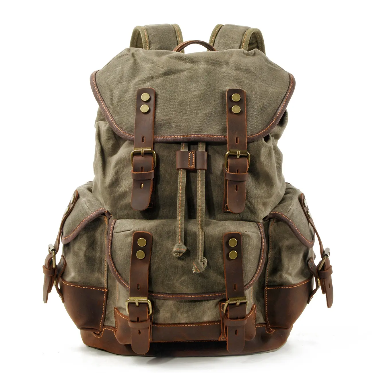 Travel Backpack Waterproof Genuine Cowhide Leather Waxed Canvas