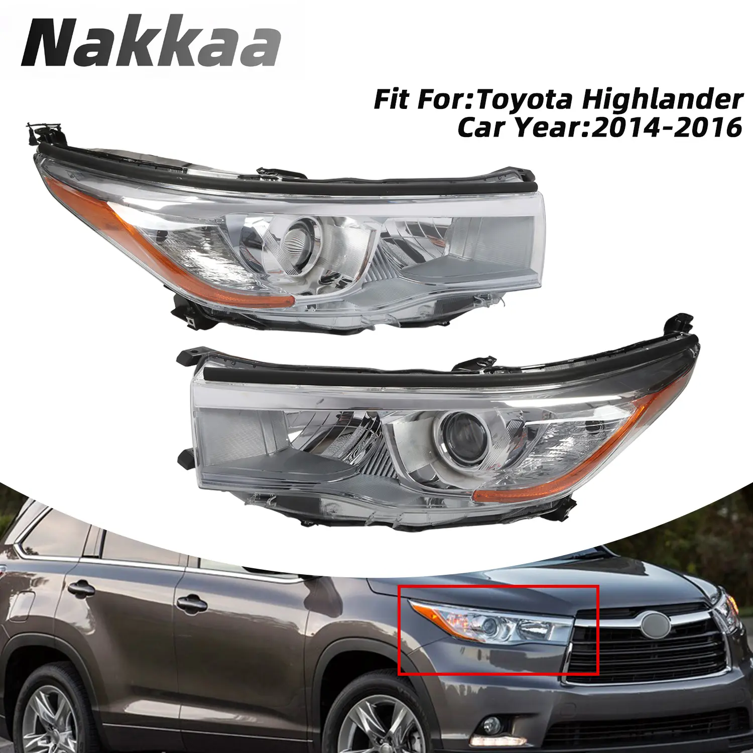 Nakkaa Halogen Projector Front Headlight Lamps Pair Set - Left & Right Front Light, 12V Operation, ABS Housing, High/Low/Signal Functions, Direct Fit for 2014-2016 Toyota Highlander