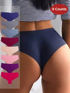 Women's Ice Silk Thong Panties, Seamless Skin-Friendly Fabric, Stretchy Casual Underwear for All Seasons, Pack of 8 Colors