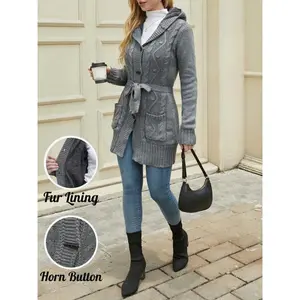 Women’s cable-knit hooded cardigan sweater with button front, long sleeves, belt, faux fur lining, thick fleece, chunky cozy warm design, pockets—autumn/winter slim-fit sweater jacket; women’s winter outerwear; women’s sweater coat