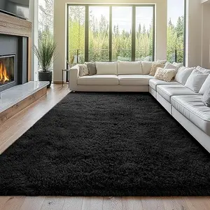 REZUTAN Fluffy Rug Shaggy Area Rug Black Large Shag Area Rugs for Living Room Bedroom Kids Room Home Decor Upgrade Anti-Skid Rectangular Fuzzy Rugs Super Soft Touch Memory Foam Layer Non-Slip Design