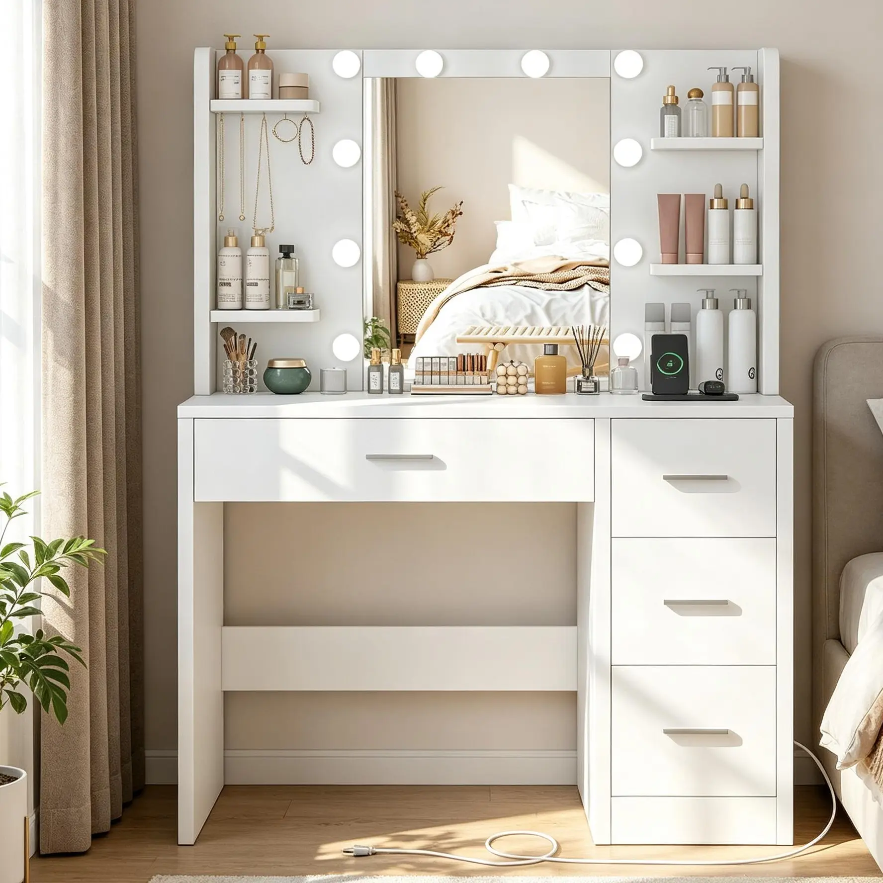 White Makeup Vanity Desk with LED Mirror - 3 Color Modes, Adjustable Brightness, Power Outlet, 4 Drawers - Indoor Bedroom Furniture for Room Decor, Vanity With Led Lights, Makeup Dresser Table