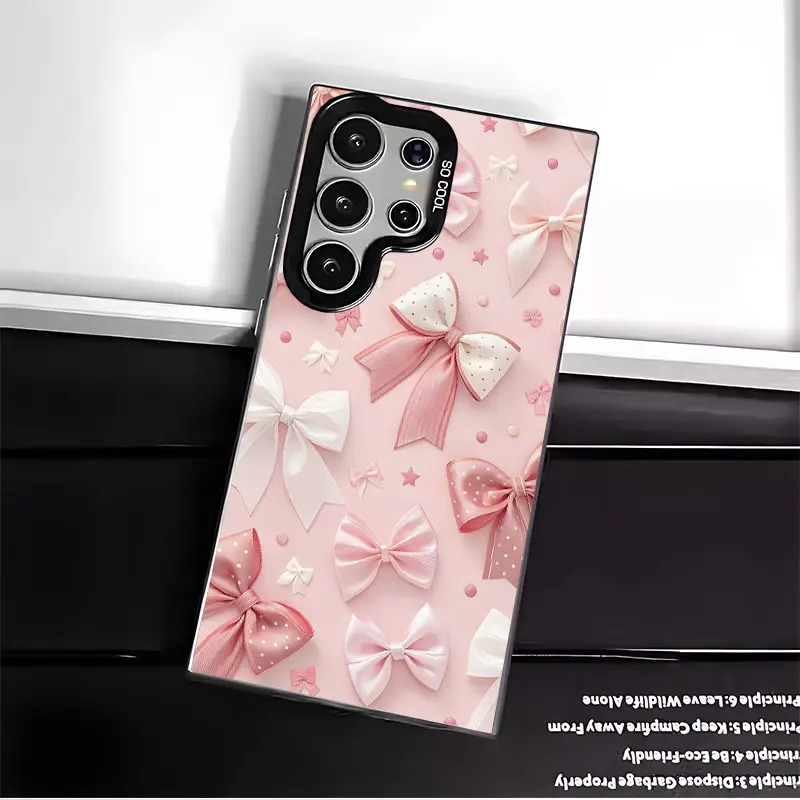 Aesthetic Bow Ribbon Pink Stylish Design Phone Case for SAMSUNG GALAXY S22 S23 S24 FE ULTRA PLUS Hard TPU PET PC Black White Stylish Gift Ideas Anti-drop Cellphone Protective Case Shockproof Protector Mobile Phone Cover, Casing, Accessories