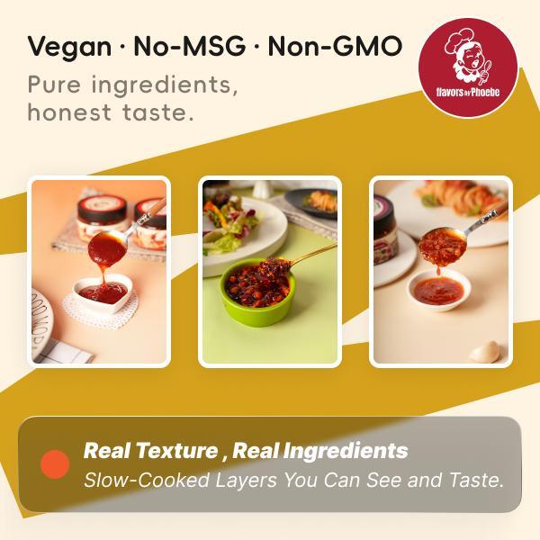 Flavors by Phoebe Crunchy Chili Oil 170g/6oz Crisp Nutty Bold Dip Sauce for Gatherings Parties Everyday Enjoyment Unique Culinary Experience Vegetable Salt