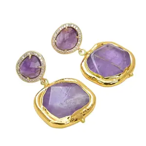 Healing Natural Purple Nugget Amethyst Gold Plated Drop Amethyst CZ Paved Stud Earrings accessories  women