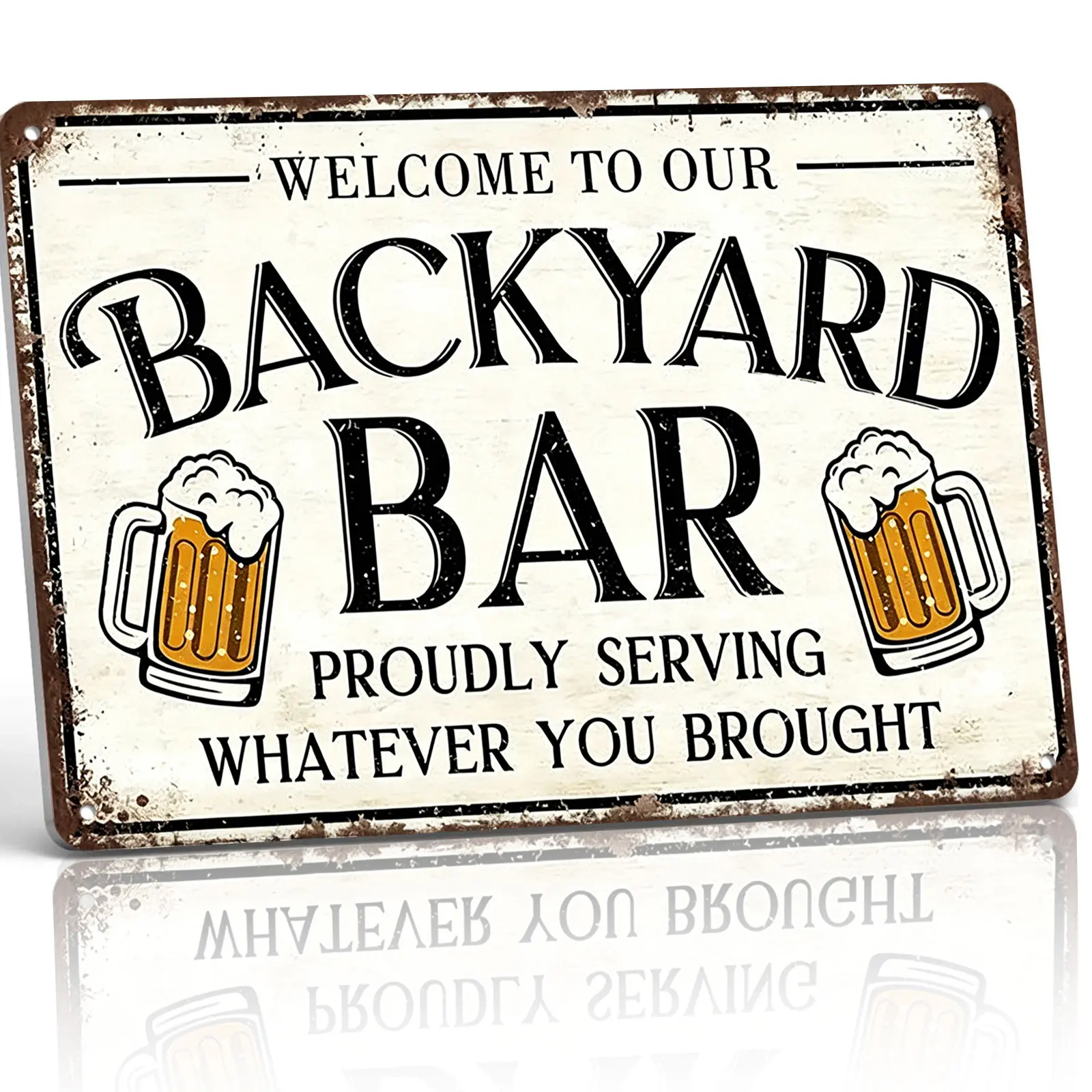 "Welcome To Our Backyard Bar" 8x12 Inch Aluminum Metal Sign - Rustic Patio Wall Decor for Backyard, Porch, and Outdoor Bar - Retro Vintage Tin Poster with Beer Mug Illustration - Durable, Weatherproof - Perfect for Backyard BBQ & Bar Lovers