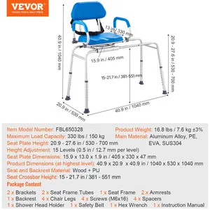 VEVOR Sliding Tub Transfer Bench with 360 Degree Swivel Seat, Sliding Shower Chair with Pivoting Armrest Padded Seat and Safety Belt, Height Adjustable Bath Chair for Elderly Disabled 330LBS