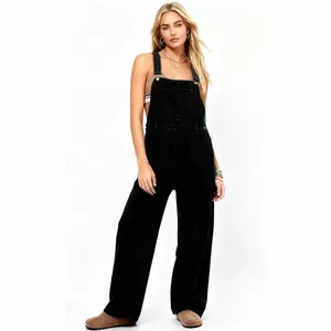Women's Classic Denim Overalls – Relaxed Fit with Wide Legs & Functional Pockets Casual Workwear for Everyday Style Cherie Code Black S
