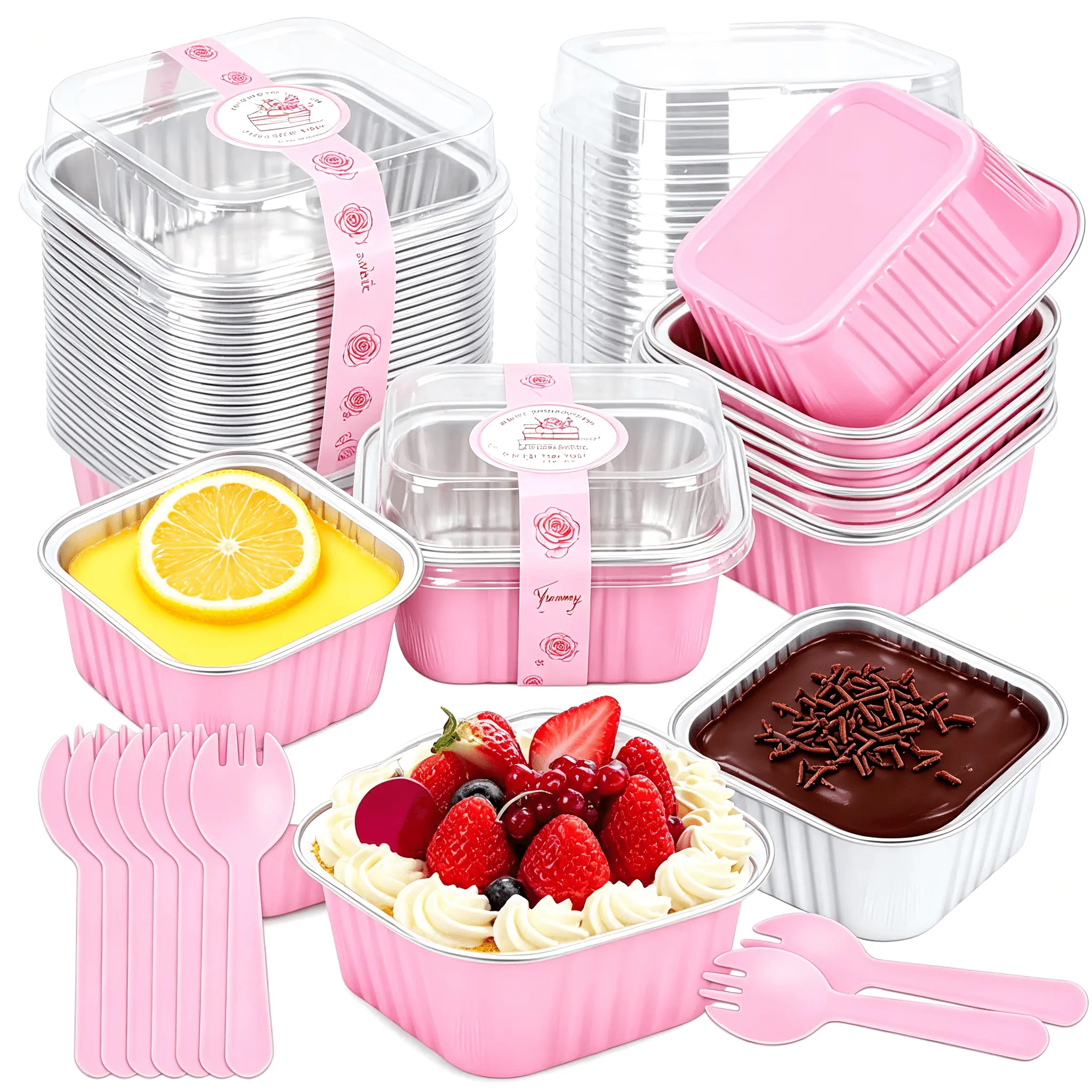 25 Pack Pink Square Foil Disposable Baking Cups with Leak-Proof Lids - Mini Bakeware for Tiramisu, Cheesecake, Party Favors & Mini Sized Products, No-Mess Small Bakery Packaging