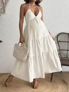 ALLITA Maternity Solid Color Backless Maxi Maternity Dress