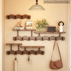 Modern Simple Coat Rack with Multiple Hooks, Round Iron Hooks, Bamboo Material, Wall-Mounted, Multi-Functional Clothes Hanger, Wall Mounted Shelf, Wall Mounted Organizer