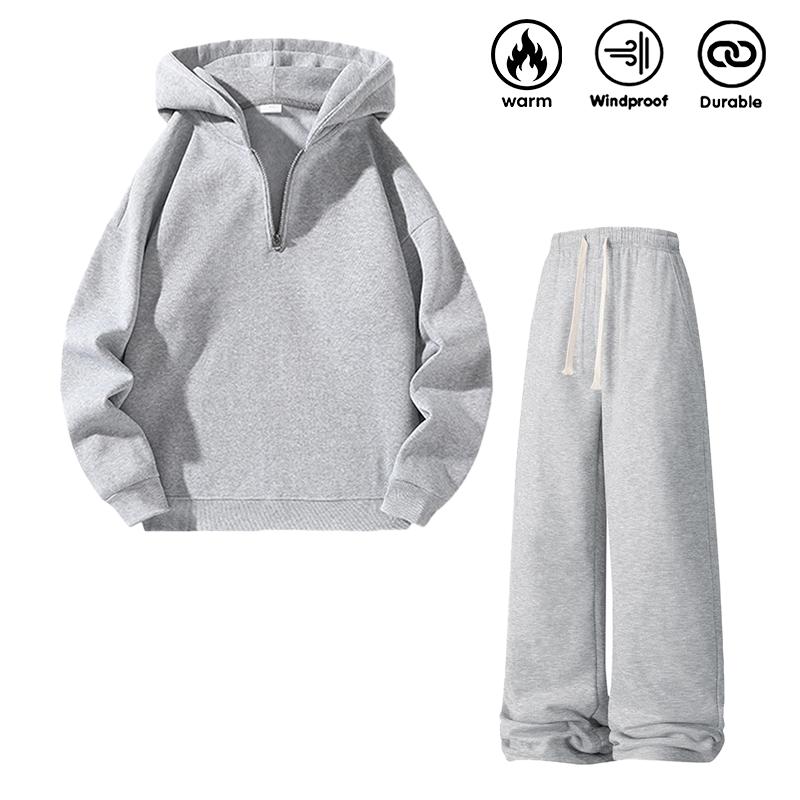 Men’s solid-color fashion two-piece sweatshirt set, regular fit, casual drop-shoulder half-zip hooded sweatshirt + drawstring sweatpants with pockets, suitable for 20-year-old boys, autumn/winter wear, ideal for everyday wear and workouts