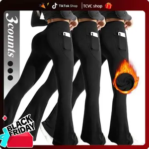 TCVC Women Workout Flare High Waist Butt Lifting Casual Soft Leg Flared Bottoms with Two Pockets,Fabric with velvet to keep warm, very suitable for autumn and winter wear.