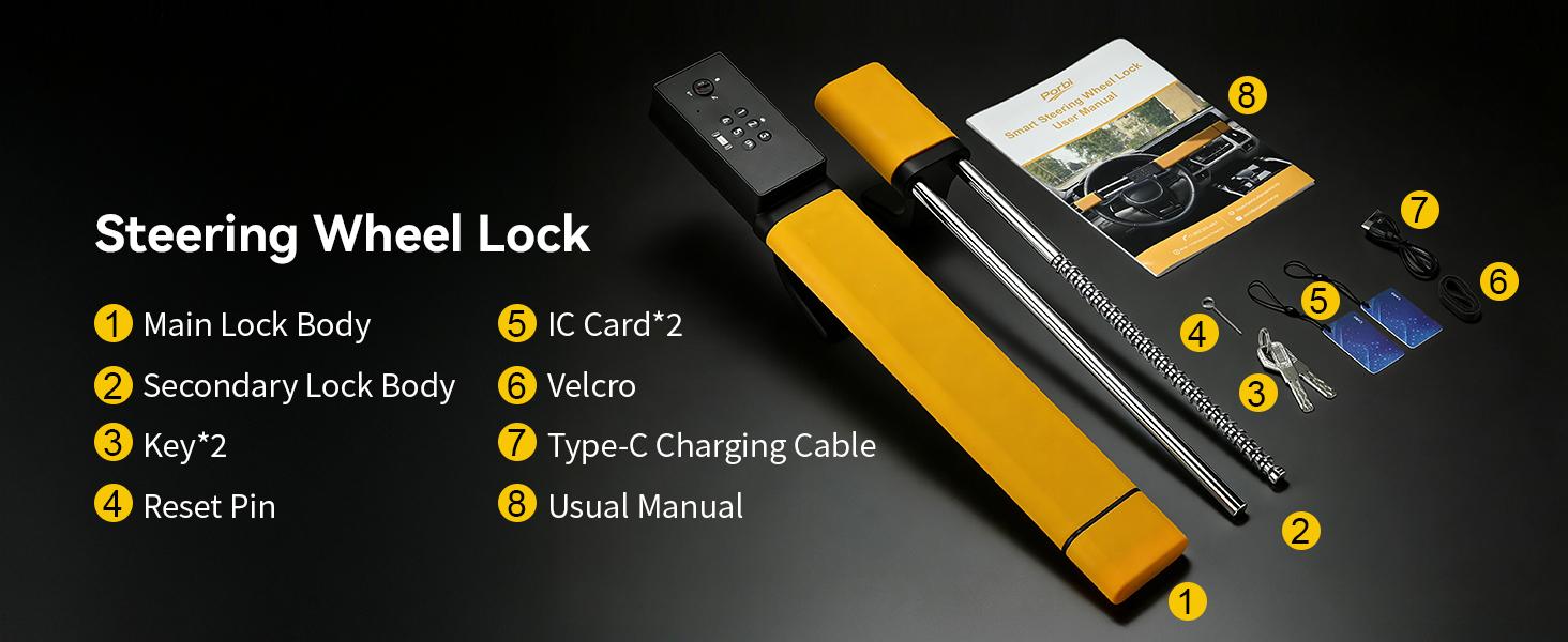 Porbi AI Steering Wheel Lock with Password + IC Card + Keys Unlocking, Heavy-duty Car Anti-theft Device with Incorrect Entry Alarm & Anti-Tamper Alarm, Fits 8.9–16" Truck Van SUV Car Wheels, Yellow Porbi AI Steering Wheel Lock with Password + IC Card + Keys Unlocking, Heavy-duty Car Anti-theft Device with Incorrect Entry Alarm & Anti-Tamper Alarm, Fits 8.9–16" Truck Van SUV Car Wheels, Yellow