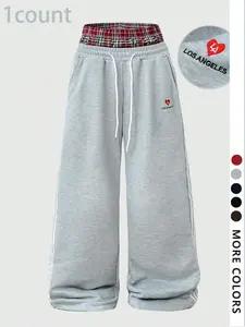 Women's Y2K Style Dual Waist Sweatpants, Plaid Lining Elastic Waist Wide Leg Sports Pants, Loa Angeles Letter La Heart Print, Casual Daily Wear