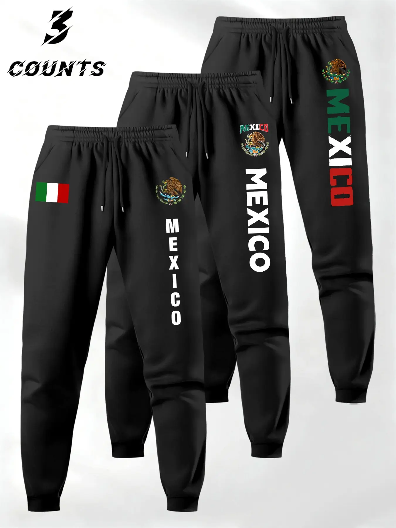 Men's Drawstring Waist Sport Pants Set of 3, Mexican Theme Letter Flag Print, Comfortable Fashion, Casual Daily Wear, Breathable Athletic Bottoms, Sports pants sportswear