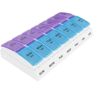 Weekly (7-Day) AM/PM Pill Case, Medicine Planner, Vitamin Organizer Box, Small Pop-out Compartments, 2 Times a Day, Blue and Purple Lids, BPA Free