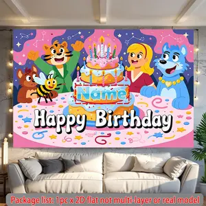 2D Flat Personalized Party Decoration Supplies, Multicolor Polyester Reusable Banner with Custom Name Text, Animal & Cake Design for Birthday Celebrations, Indoor Backdrops