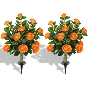 33" Artificial Camellia Tree with Ground Spike, Faux Bushes Plants with Fake Flowers, 2 Pack Realistic Blooming Shrubs for Front Porch Pots, Patio Yard Landscape, Outdoor Garden Walkway Decor, Orange