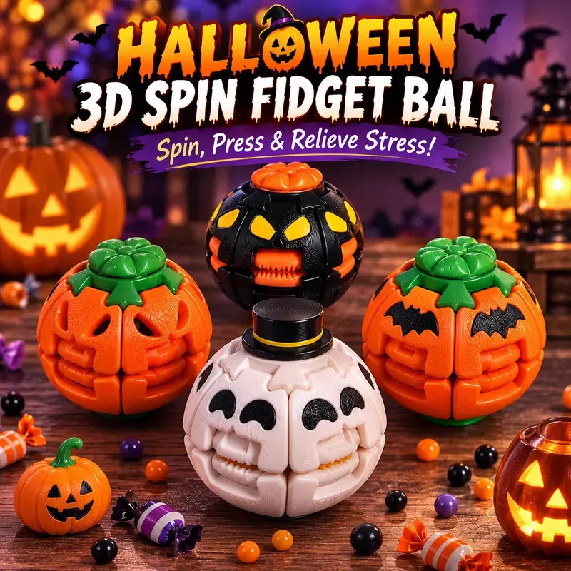 Halloween 3D Printed Fidget Spinner Ball, Pumpkin Ghost Rotating Stress Relief Toy, Spin & Press Sensory Fidget Ball, Interactive Finger Toy, Halloween Party Favor, Desk Toy, Gift for Kids Teens & Adults
