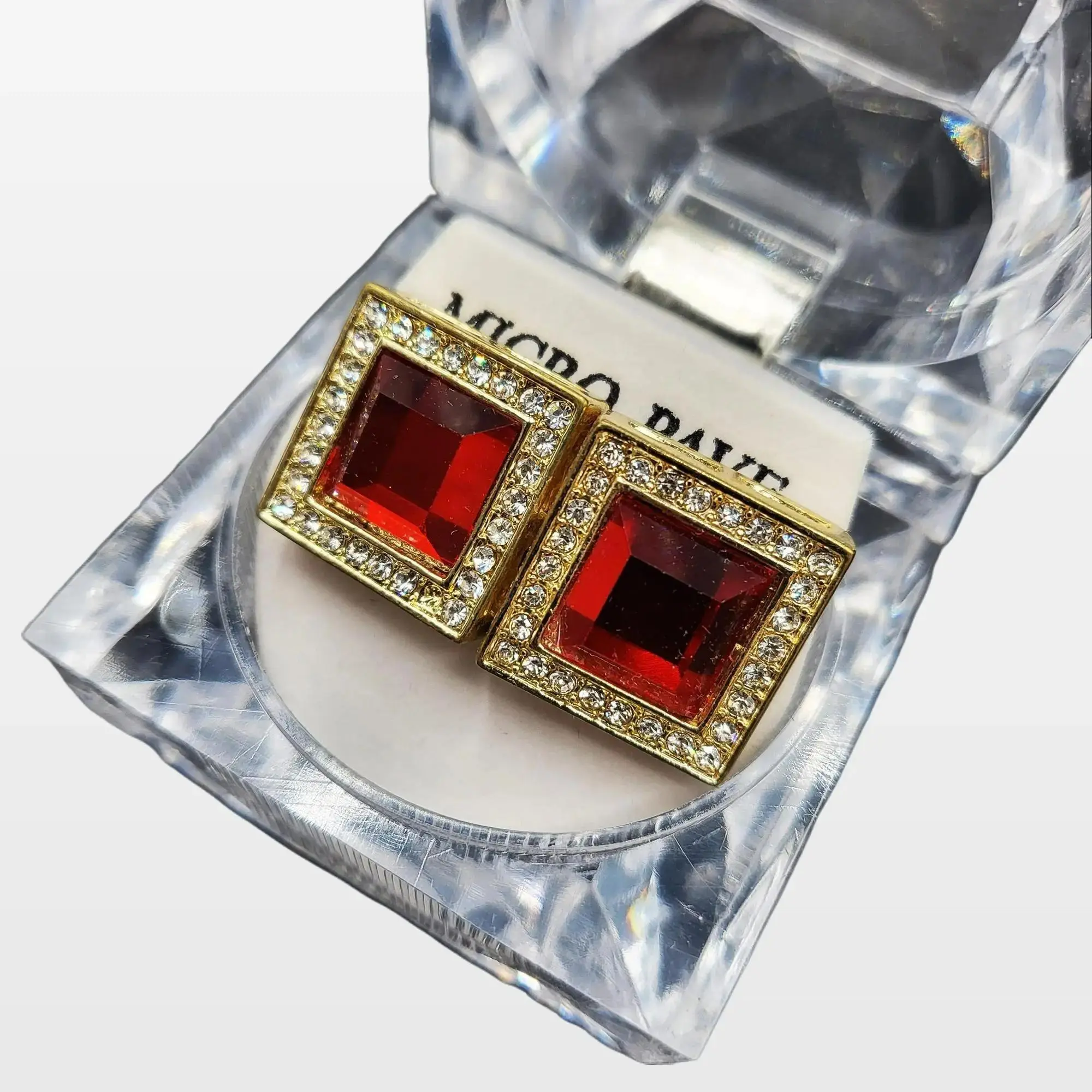 MaxBling81 15mm Gold Geometric Zircon Stud Earrings for Men & Women, Hip Hop Stylish Jewelry with a Red Gem Accent and Metal Coating, Sparkling, 15Mm X 15Mm