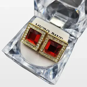 MaxBling81 15x15mm Gold Earrings, Square Gold-Coated Metal Studs with Cubic Zirconia Icing & Red Gemstones, Unisex Hip Hop Costume Jewelry