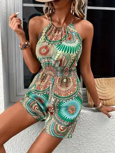 Boho Halter Neck Bohemian Sleeveless One-Piece Jumpsuit Shorts, Ethnic Mandala Print Wide Leg Pants, Perfect for Beach Vacation, Stylish and Comfortable