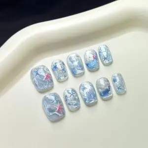 10pcs Cute Silver Color Cat Eye Starfish Seashell Press on Nails, Summer Ocean Style Decor, Removable Reusable Manicure for Ladies