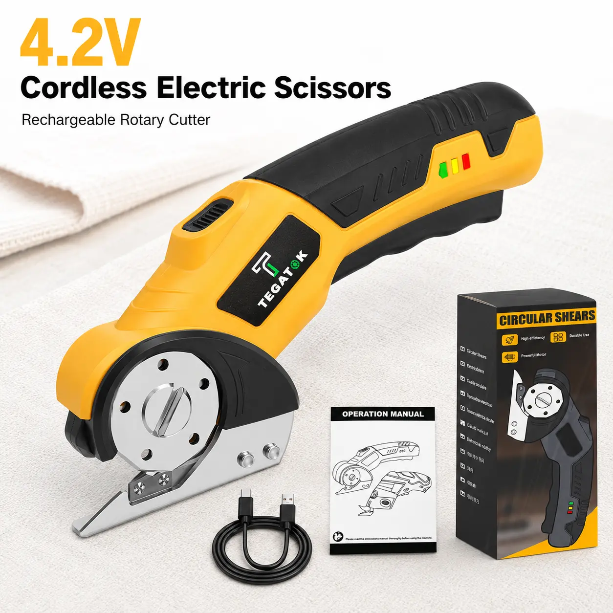 4.2V Cordless Rechargeable Electric Scissors, Handheld Portable Rotary Cutter with LED Light, Safety Lock for Fabric, Leather Cutting craft supply