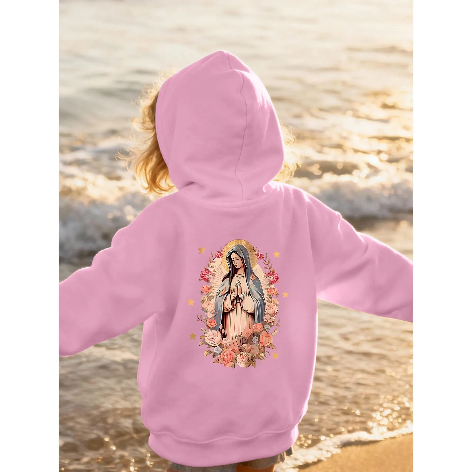 Girls' Pink Hooded Sweatshirt with Virgin Mary & Jesus Christ Religious Print - Cozy Winter Warmth, Casual Back Print Design, Regular Fit for Home & Daily Wear