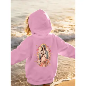 Girls' Pink Hooded Sweatshirt with Virgin Mary & Jesus Christ Religious Print - Cozy Winter Warmth, Casual Back Print Design, Regular Fit for Home & Daily Wear