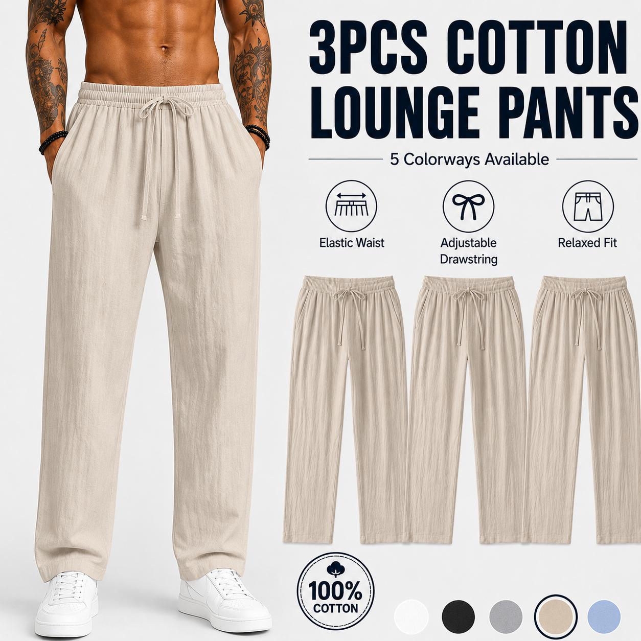 3-pack men’s casual pants, 100% cotton-linen comfortable, soft, breathable, lightweight drawstring pants with pockets, suitable for summer everyday wear, sports, leisure, and outdoor beach activities.